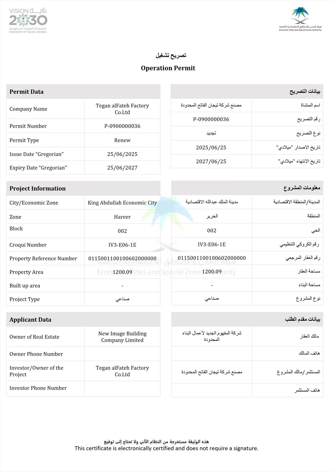 Warehouse Operation Permit (King Abdullah Economic City)