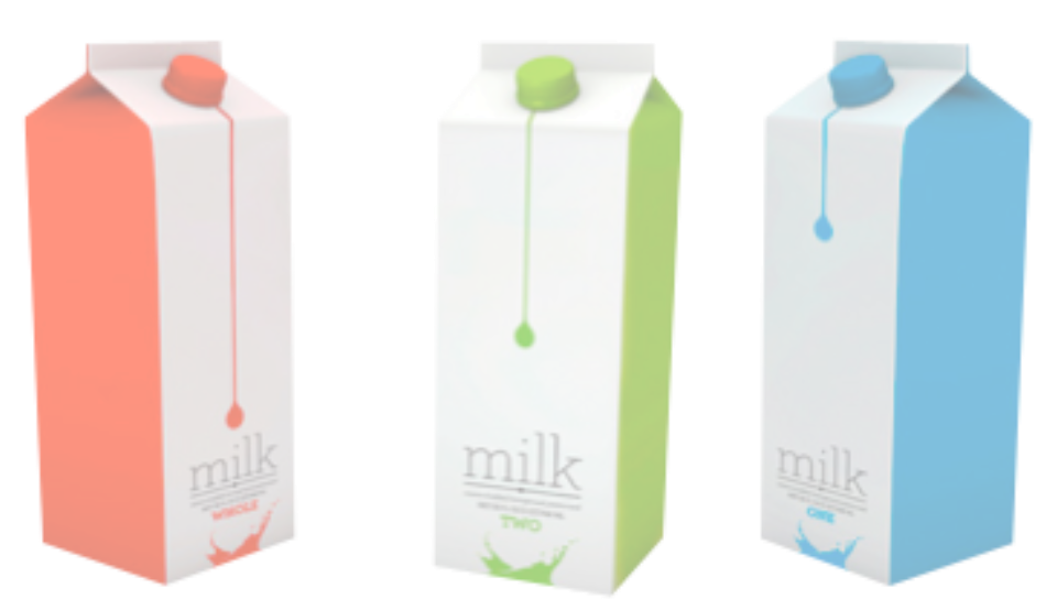 Milk cartons in three colour variants
